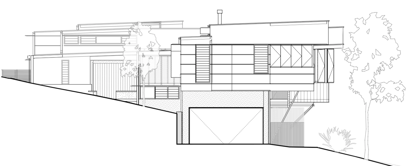 Black and white architectural elevation drawing of a two-storey modern home.