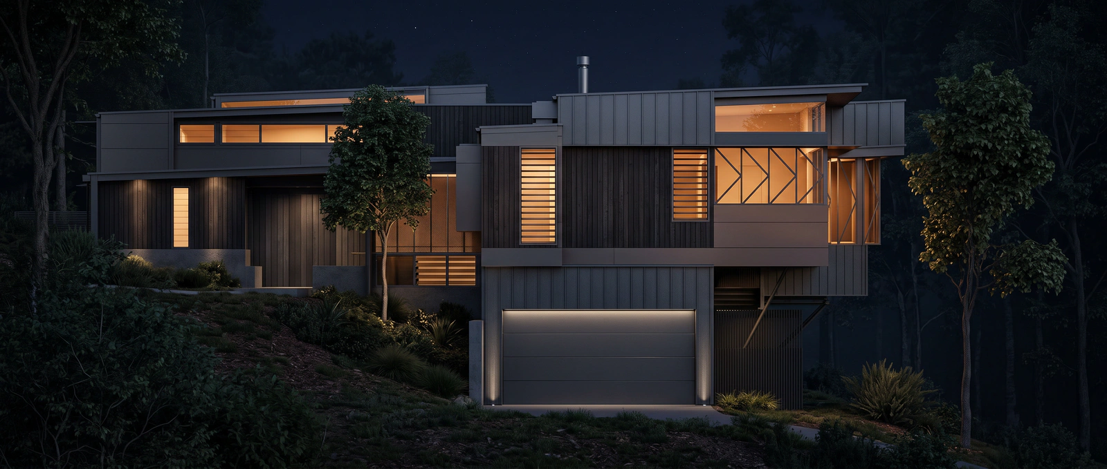 VividPlan concept visual of the home, with dark cladding, warm interior lighting and a forest at dusk.
